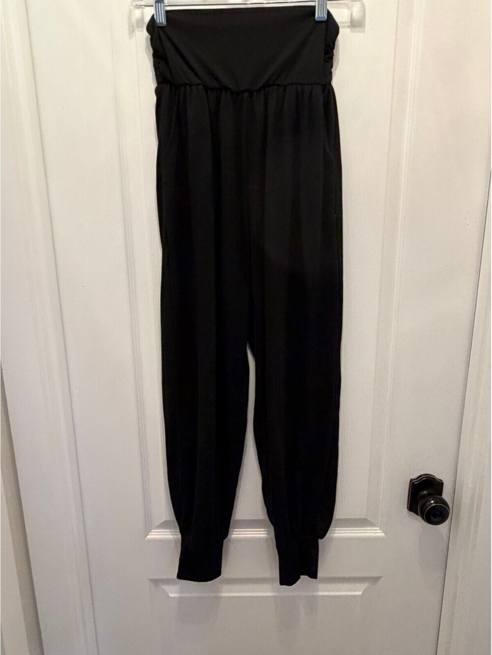 Black Harem Pants Womens M Pull On Elastic Waist Tapered Cuffs [COPY]